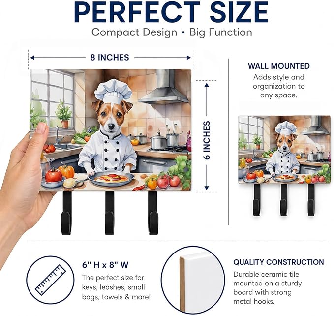 Caroline's Treasures Jack Russell Terrier The Chef Leash or Key Holder Wall Hooks, Key Hooks Holder, Coat Rack Wall Mount, Coat Hooks, Hooks for Hanging Keys, Towels, Aprons, Leashes | Jack Russell Terrier The Chef artwork on ceramic tile with three st...