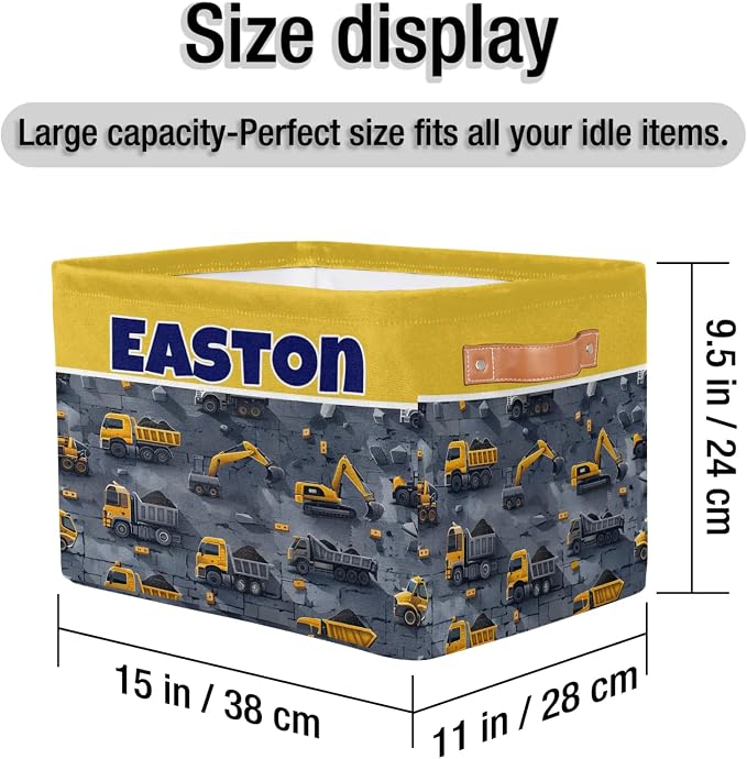 Custom Storage Baskets Name, Personalized Storage Bins Basket Boxes PU Leather Handles for Clothes Bedroom Closet Organizing Toys Books Shelves, Excavator Truck