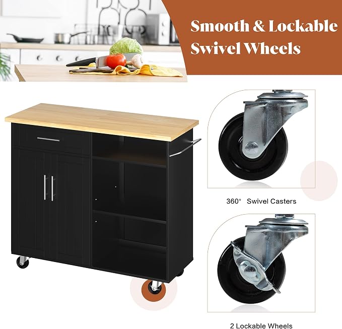 JY QAQA 42" Kitchen Island on Wheels with Storage Cabinet Kitchen Cart Cabinet with Shelves, Cart Handle for Towel Rack or Free Mobility, Portable Islands for Kitchen