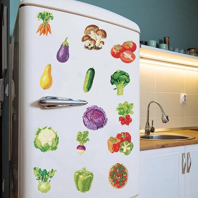 20 Pcs Vegetable 2D/Flat Acrylic DIY Diamond Painting Magnets for Fridge | Fridge Magnets 20 Pieces Kit with Patterned Acrylic DIY Diamond Painting Magnets for Adults & Beginners