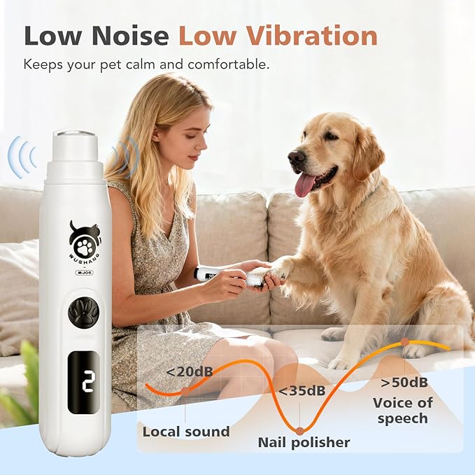 LINFOX Dog Nail Grinder, 3-Speed Low Vibration Quiet Electric Pet Nail Trimmer with Digital Display, Rechargeable USB-C Cat & Dog Nail File for Small Medium Large Pets
