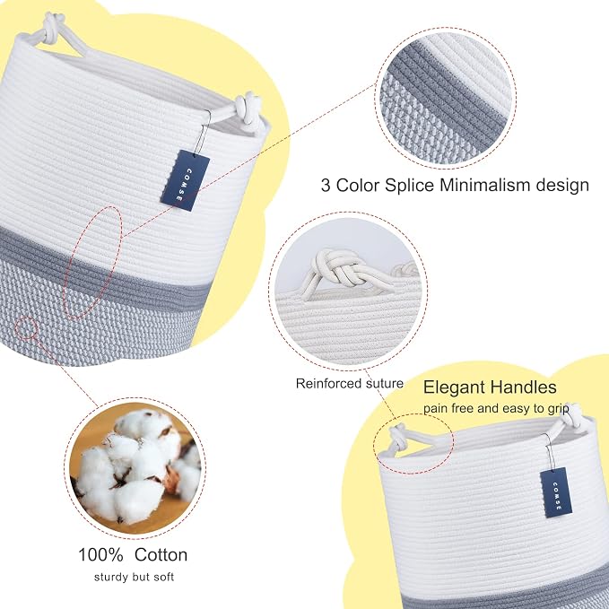 COMSE Tall Woven Blanket & Laundry Basket, 72L, Blend White & Gray | 15.7”x 21.7”, Cotton Rope, Large Nursery Hamper for Storage of Toys Clothes Towels, Great for Living Rooms Bedrooms Bathrooms