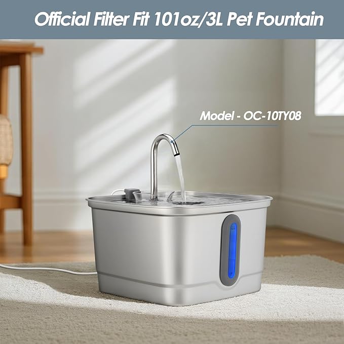 SEIRMEP Stainless Steel Cat Water Fountain, 101oz/3L Automatic Pet Water Fountain, Dog Water Fountain for Cats, Small Dogs (The Set Only Include Official 8 Packs Replacement Filters & Sponges)