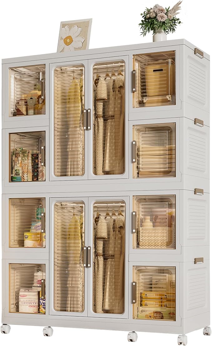 Portable Wardrobe Closet Organizer, Large Kids Wardrobe Closet with Magnetic Doors and Wheels, Collapsible Plastic Baby Clothes Storage Cabinet, 8 Cubes and 2 Wardrobes (18.1"D x 40.1"W x 60.2"H)