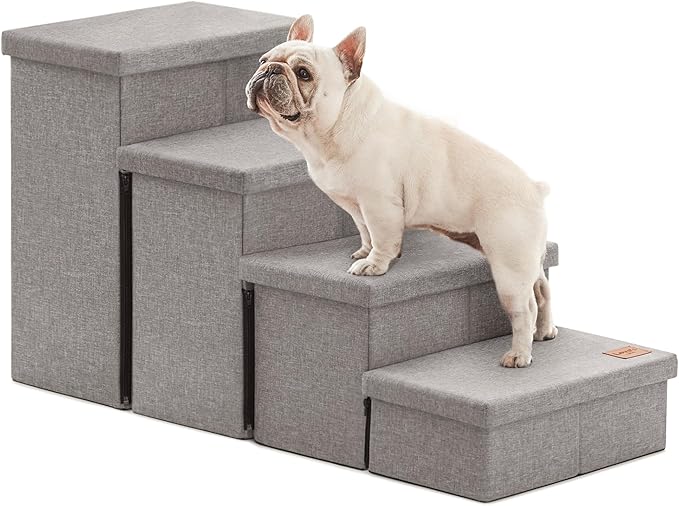 Love's cabin Dog Stairs for High Bed, Foldable Pet Stairs for Small Medium or Large Dogs Puppy with Storage for Bed or Couch, Cat Dog Steps Ramp with Zip up to 200 lbs, Solid Grey, 4 Steps