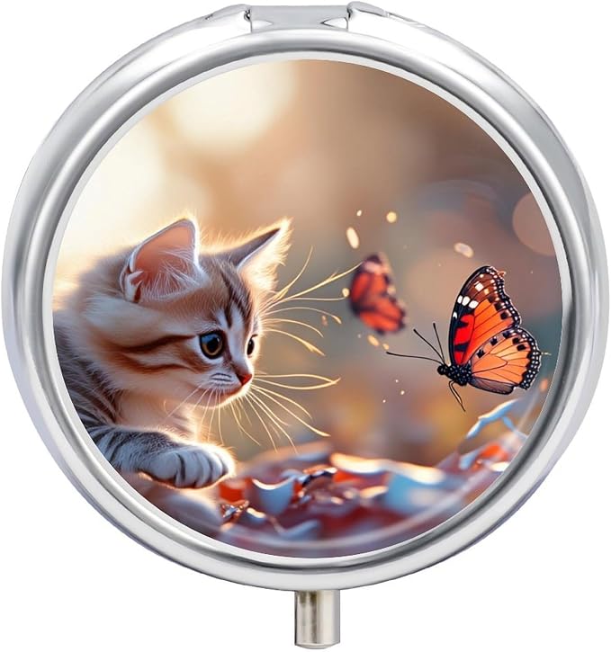 Kitten with Butterfly Metal Round Pill Box, 3 Compartment Travel Organizer, Portable Pill Container with Secure Latch, 2 Inch Circular Vitamin Caddy for Pills and Vitamins, Gift for Him Her Elderly