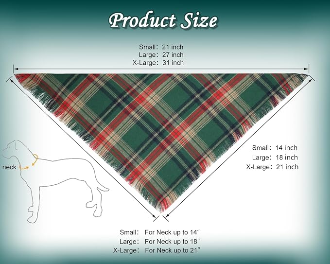 2PCS Christmas Dog Bandanas Plaid Two-Sided with Tassels,Holiday Scarf,Stylish Triangle Dog Outfit for Boy and Girl,Winter Christmas Classic Red-Green Plaid Pet Scarf for Medium to Large Dogs