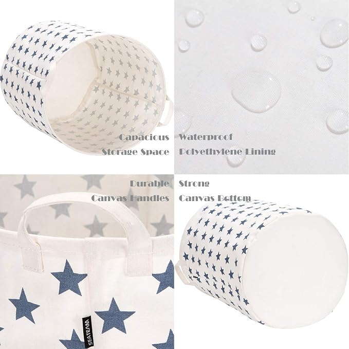 Sea Team Large Canvas Laundry Basket with Handles, Navy Stars | Collapsible Fabric Laundry Hamper, Closet Shelf Organizers, Containers for Clothing, Blankets, Toys, Bedding, 19.7 x 15.7”