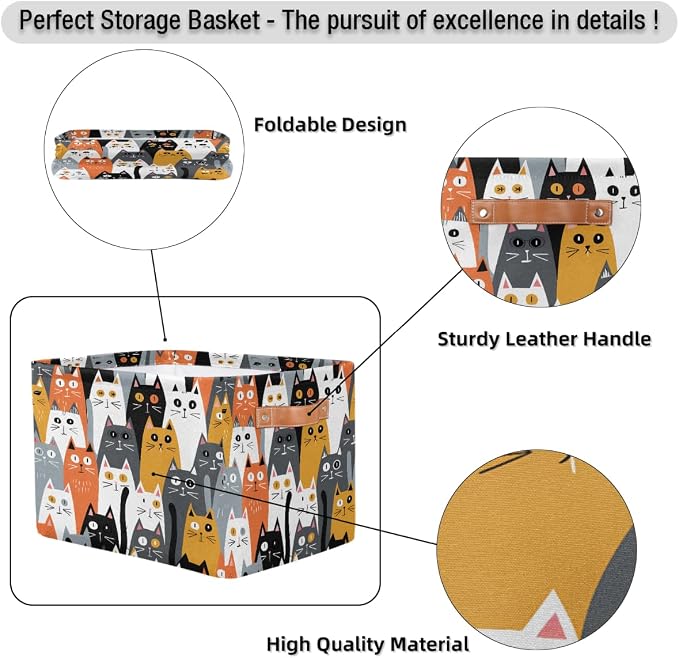 AUUXVA Storage Basket Cute Animal Cat Pattern Storage Cube Box Durable Canvas Collapsible Toy Basket Organizer Bin with Handles for Shelf Closet Bedroom Home Office