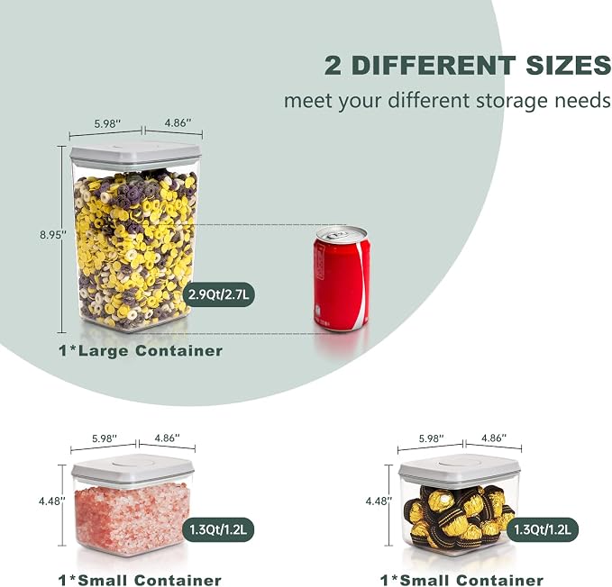 Pop Top Airtight Food Storage Containers, 3 Pack, 1.3Qt x2 + 2.9Qt | Clear Stackable Pantry Jars with One-Touch Lids, Measurement Marks and BPA-Free AS for Cereal, Sugar, Nuts and Dry Goods