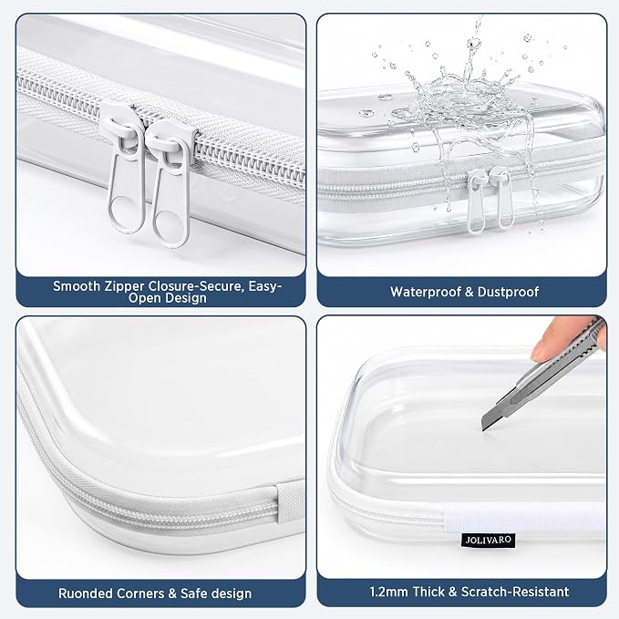 Clear Hard Shell Zipper Case Makeup Storage Organizer Pouches TSA Approved | Travel organizer bags for toiletries, cosmetics, electronics & diaper bins. Multi-size for office, camping, beach & home