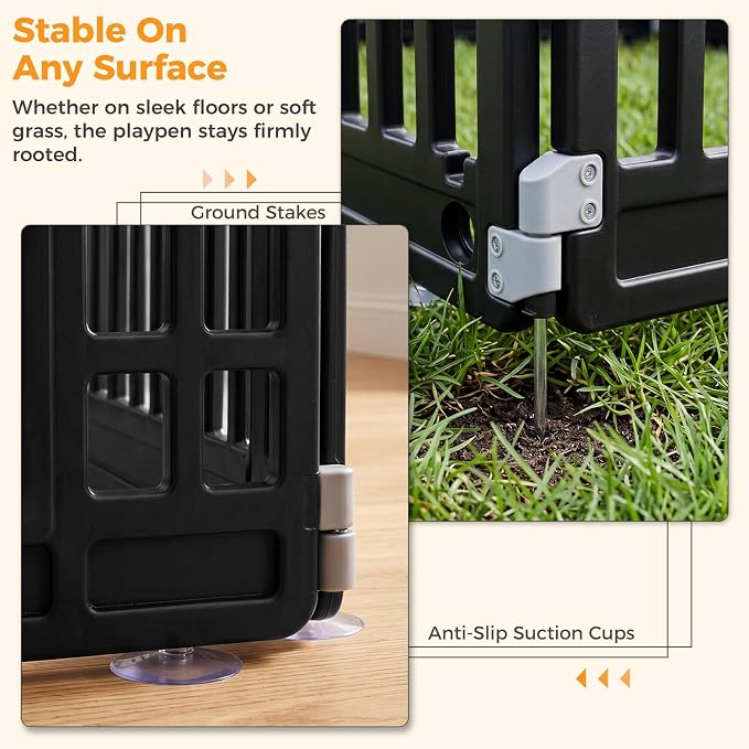 NEWBULIG 8 Panels 24 Inch Dog Playpen, Plastic Pet Play Pen Fence | Portable, Secure Locking Door, Indoor Outdoor Yard RV Camping, Small Medium Dogs, Black