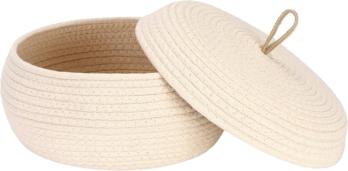Sea Team Round Woven Cotton Rope Storage Basket with Lid, Cream | Lidded Knitted Decorative Storage Bin, Pot, Caddy, Organizer, Container for Snacks, Towels, Plants, 13 x 5.5 Inches