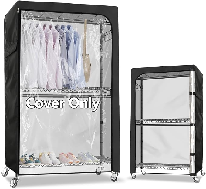Rileytee Garment Rack Cover,600D Heavy Duty Waterproof Clothing Rack Cover,Clothes Rack Cover with Zipper for Metal Garment Rack（Clear Front,47.2"W x 17.7"D x 80.7"H,Cover Only)