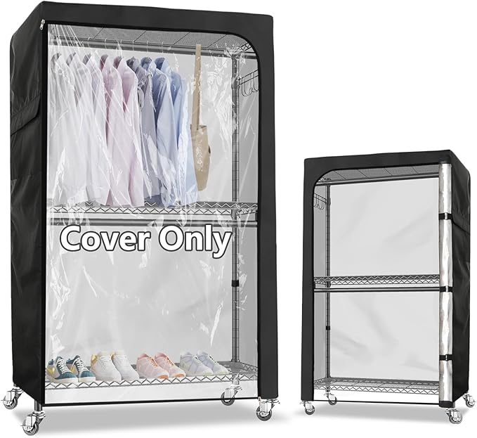 Rileytee Garment Rack Cover,600D Heavy Duty Waterproof Clothing Rack Cover,Clothes Rack Cover with Zipper for Metal Garment Rack（Clear Front,46"W x 18"D x 80"H,Cover Only)