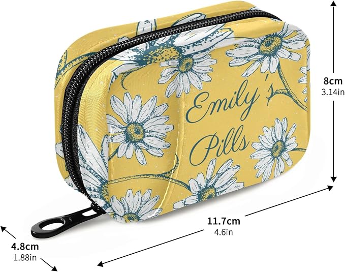 Custom Pill Box 7 Day Pill Case Bag Daisy Flowers Personalized Name Travel Pill Organizer Bag with Zipper Portable Weekly Case Compact Size for Vitamin Supplement Holder