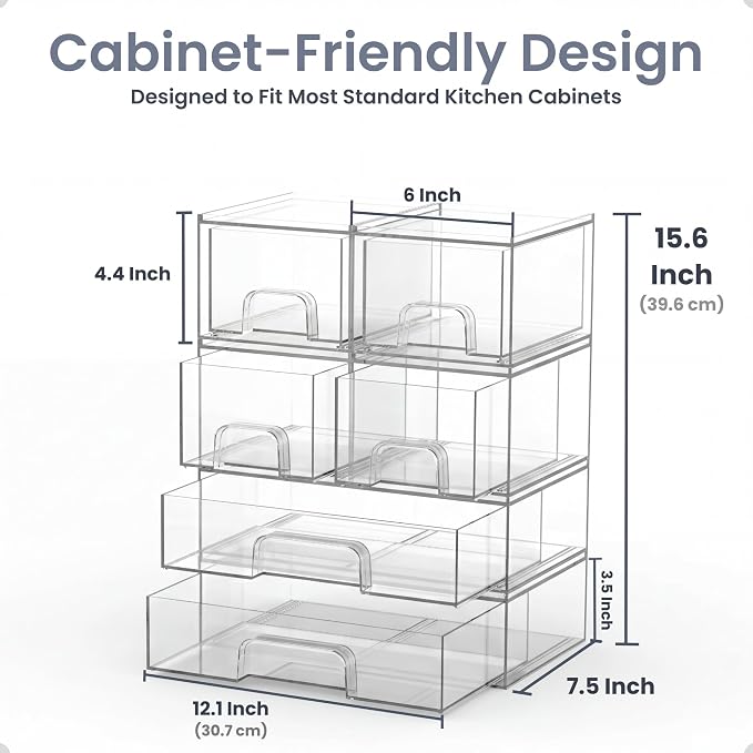 6-Pack Stackable Storage Drawers with Labels - Clear PET Pull-Out Organizer Bins for Pantry, Bathroom, Vanity, Cabinet, Countertop | Baby Bottle Organizer