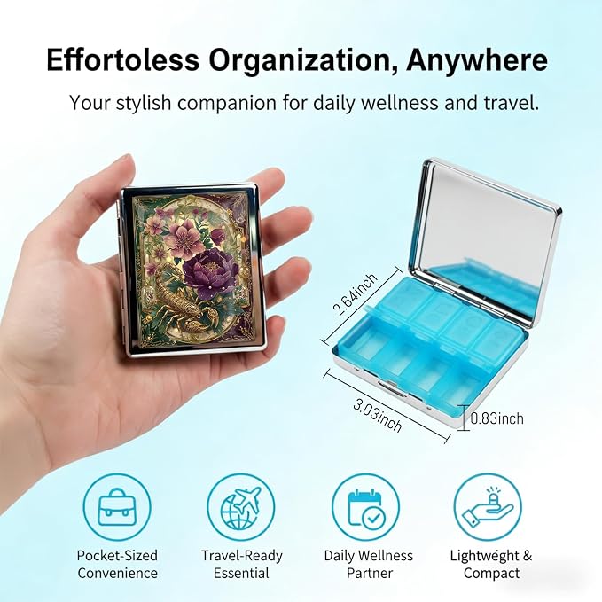 Weekly Pill Organizer, Metal Pill Box with 8 Compartments, Small Travel Pill Case for Purse Pocket, Medicine Vitamin Supplement Organizer (Scorpion Garden)