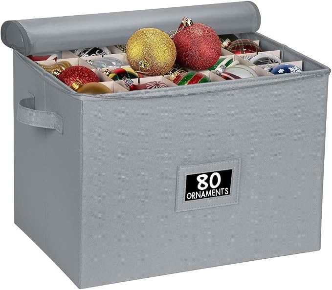 Christmas Ornament Storage Box - Large Christmas Decor Storage Containers that Store up to 128 Ornaments of 3 Inches - Durable Material To Protect And Store Holiday Ornaments Décor, Gray