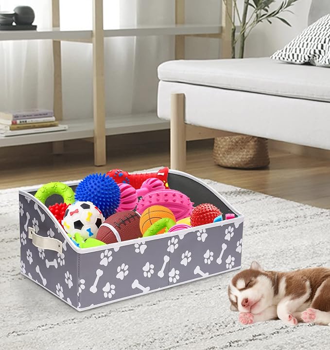Morezi Linen-cotton blend dog toy basket and dog toy box, dog toy basket storage - Perfect for organizing pet toys, blankets, leashes, chew toys - Bone Paw