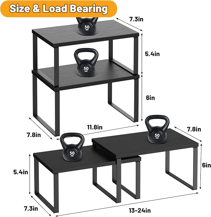 Kitchen Cabinet Organizer Shelf Set of 4, Sturdy Kitchen Counter Shelves with Metal Legs, Stackable Expandable Wood Spice Rack Pantry Cupboard Dish Mug Cup Storage Organizer Shelf, Black