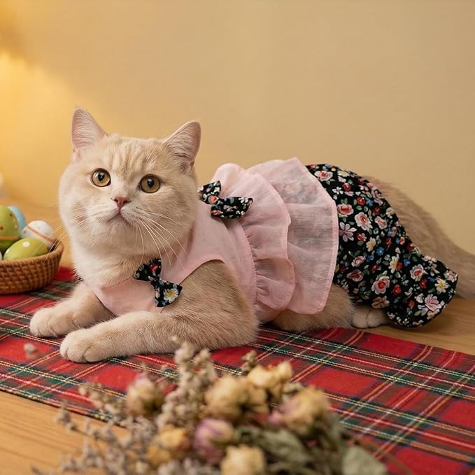 Vintage Floral Bowknot Sleeveless Romper for Small Dogs Cats Rabbits, Breathable Cotton Ruffle Flared Pants, Teacup to Small-Medium Pets for Walk Photo Vacation(Pink-Floral, X-Small)
