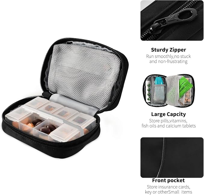 Basic Travel Pill Case 7 Day Pill Organizer Black Pill Case Portable Weekly Pill Box Bag Container Vitamin Supplement Holder with Zipper for Family Business