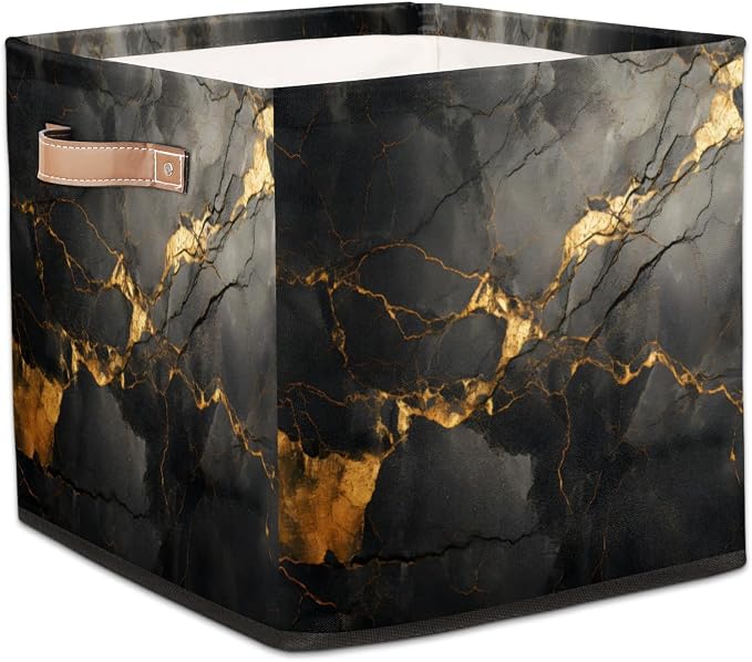 Black Gold Marble Cube Storage Bin, 13 Inch Collapsible Fabric Storage Cube Bin, Foldable Cube Baskets for Shelf, Closet, Organizer
