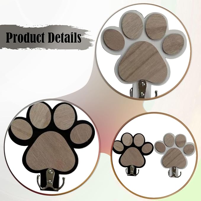 2 Pieces Dog Leash Holder Wall Mount Organizer Wooden Double Hooks Pet Collars Hanger Paw Print Key Rack Suitable for Room Home Organization