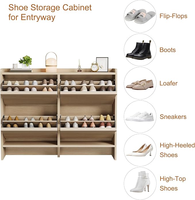 GarveeHome Shoe Cabinet with 4 Flip Drawers, Wooden Shoe Organizer Cabinet with Adjustable Shelf, Shoe Storage for Entryway, Hidden Shoe Cabinet for Hallway, Living Room, Natural Oak