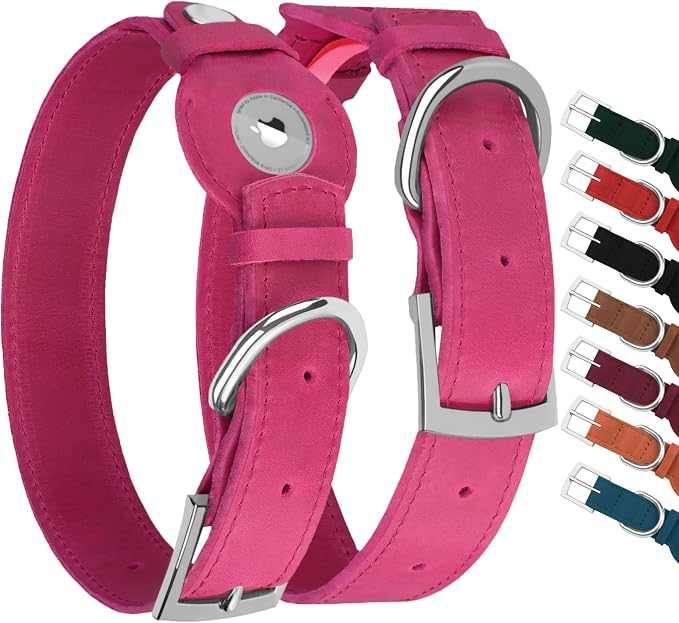 Leather Dog Collar with Airtag Holder - Apple Air Tag Dog Collars - Soft Tracking GPS Pet Collar for Small Medium Large Dogs Breed Puppy (Pink, M, 12"-15" Neck Fit)