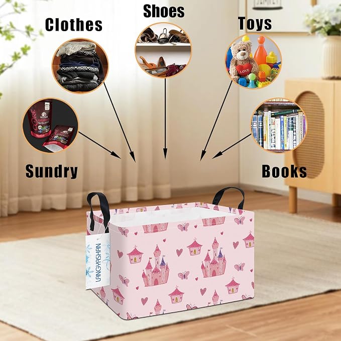 Rectangular Collapsible Pink Castle Storage Basket Nursery Toy Organizer | Storage Bin Foldable Canvas with Handles for Organizing Home Kitchen Children Toys Office Closet Shelf Baskets