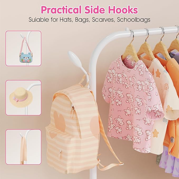 Kids Clothes Rack for Ages 3-6, Montessori Kids Clothing Rack, White | Kids Dress up Rack with Bottom Shelf & Side Hooks, Toddler Wardrobe Rack for Bedroom, Playroom, Nursery & Small Room Storage