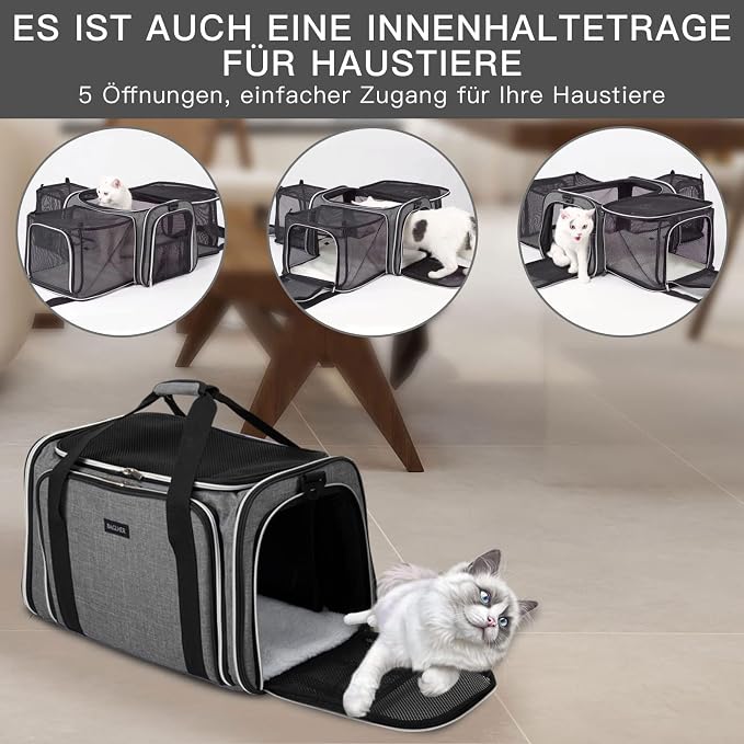 BAGLHER Cat Carrier Bag,Airline Approved Pet Carrier Soft Side Pet Travel 5 Sides Open Doors 3 Sides Expandable Foldable Dog Carrier with Fleece Pad