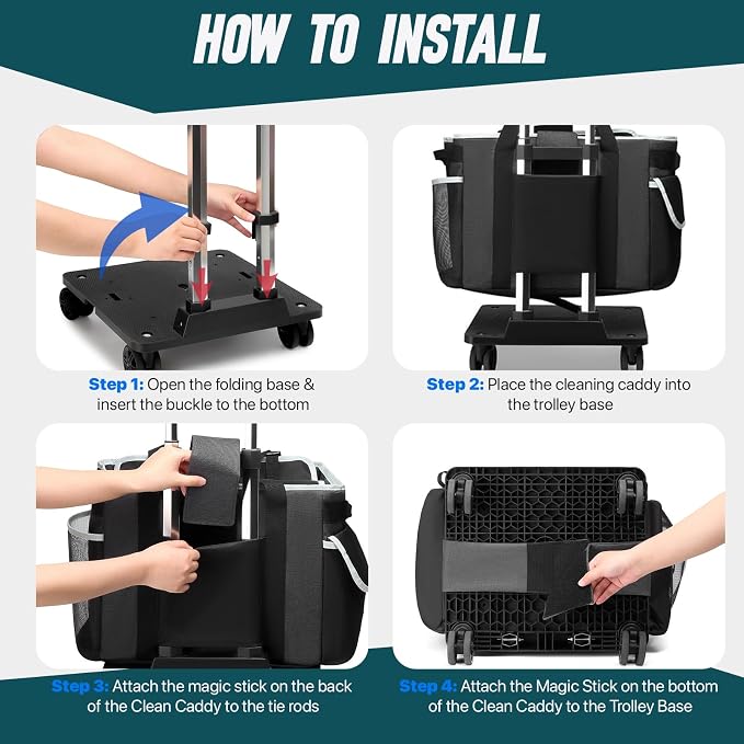 Large Rolling Cleaning Caddy Bag with Detachable Trolley, Full Support Plates for Professional Cleaning Supplies Bag, Organizer Bag with 4 Universal Wheels for Housekeepers, Car Wash