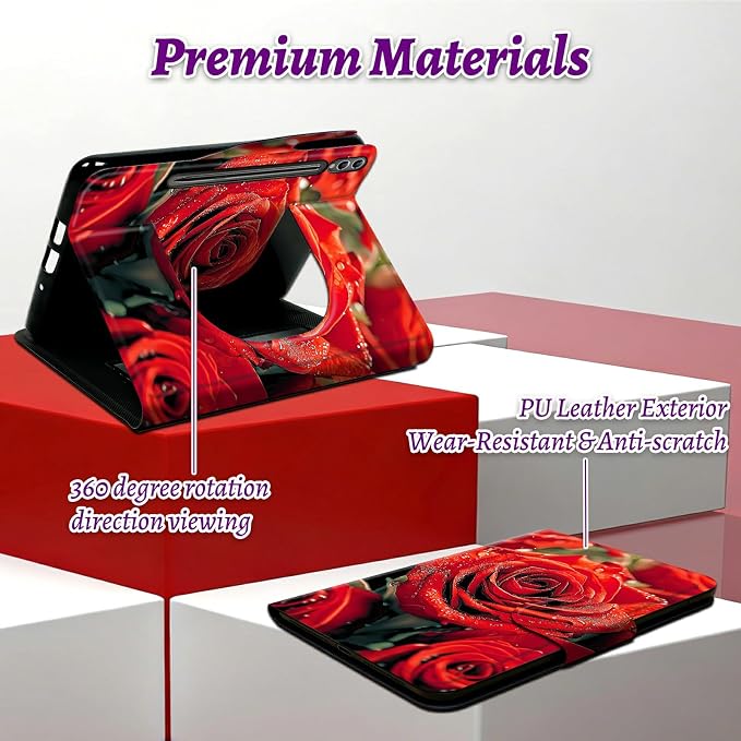 Rotating Handle Case for Samsung Galaxy Tab S10 Plus 2024/S9 FE+/S9 Plus 12.4 Inch 2023, 360 Degree Swivel Kickstand with Magnetic Closure Shockproof Leather Protective Cover, Red Rose