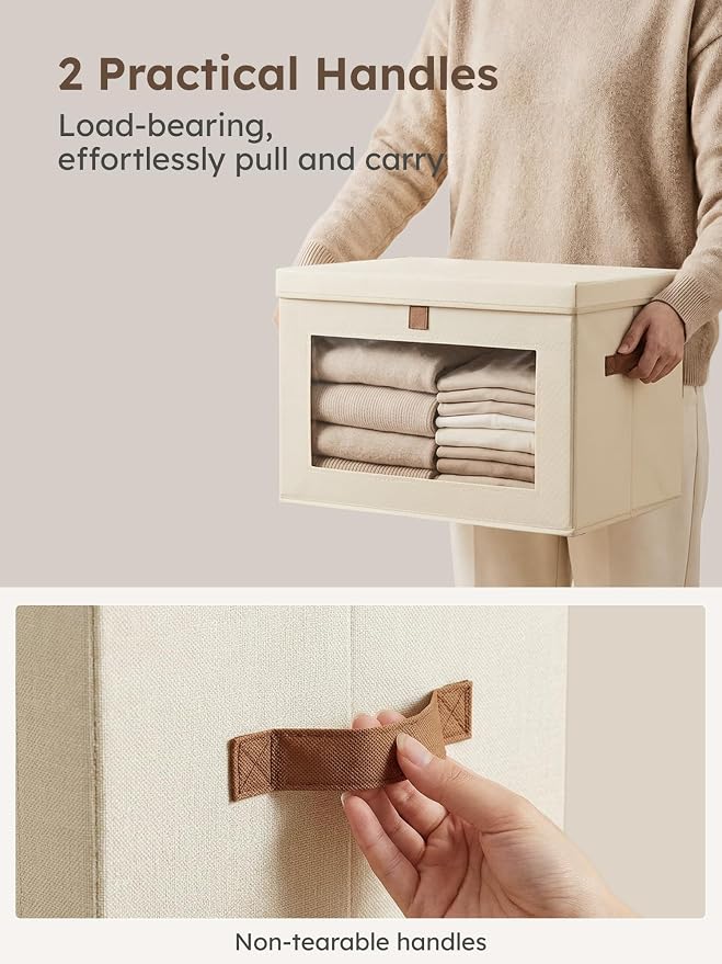 Medium Fabric Storage bins - Collapsible Storage Bins with Open Window, 4 Pack Closet Baskets for Shelves, Stackable Decorative Boxes for Home, Dorm, Beige, 13.7"x 9.8" x 9.8"