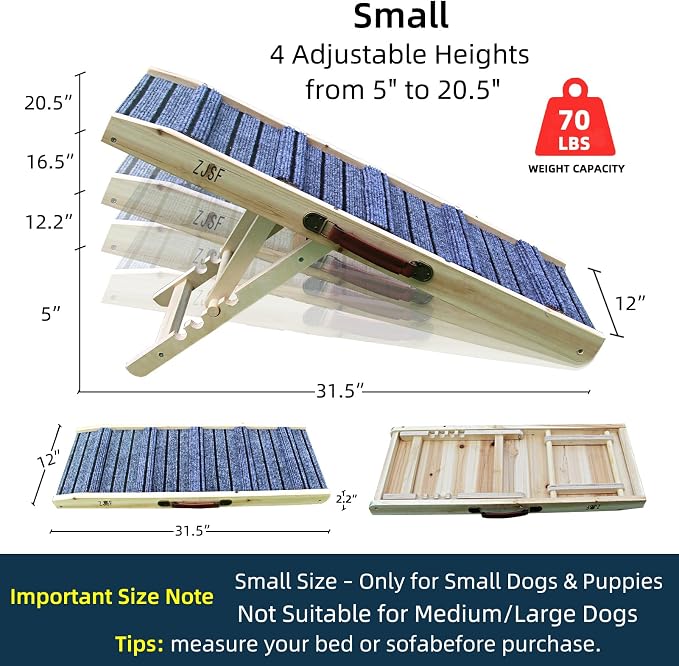 ZJSF Foldable Wooden Dog Ramp for High Bed, Dog Stairs for Small Dogs, High Traction Platform with 4 Adjustable Heights (5"-20.5"), 31.5" L, Supports up to 70 lbs,Small Size for Puppies