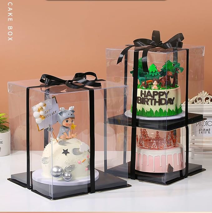 XININSUN 6Pcs Tall Cake Boxes Clear cake Box with Ribbon, 12x12x 10inch,Ideal for Large 10" and 12" Inch Tall Layer Tiered Cakes and Clear Gift Boxes for Wedding Party and Gift Display - Black