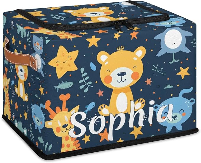 Custom Cute Animals Storage-Bin With Zipper Lid for Kids-Girls-Boys-Baby-Pet,Personalized Name Foldable Storage Box with Handle,Baby Basket With Label for Bedroom Nursery Toy Clothes,Blue