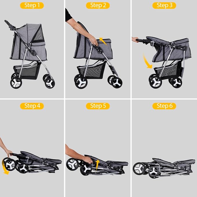 4 Wheels Dog Stroller Folding Pet Strolling Cart for Small Medium Cats Puppies Portable Jogger Travel Camping Puppy Carrier with Storage Basket Cup Holder, Gray