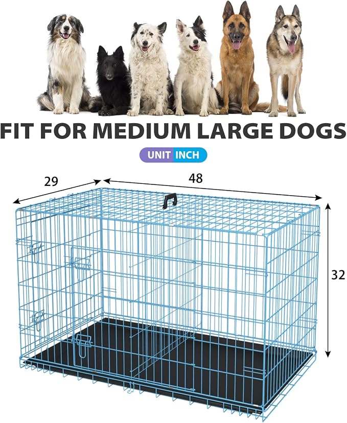 BestPet | Dog Crate | 48" | Blue | Foldable Metal Kennel with Double Doors | Secure Slide-Bolt Latches, Leakproof Tray | Portable Dog Cage for Large Breeds | for Travel, Indoor & Outdoor Use