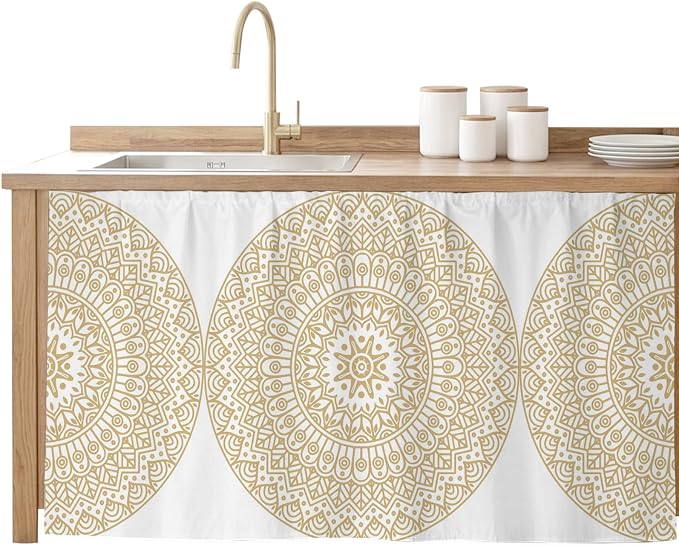 Beige Boho Cabinet Curtain 32"Wx55"L,Dustproof Pantry Door Curtain with Self Adhesive Tape,Retro Farmhouse Ethnic Abstract Geometric Art Storage Cover Privacy Drape for Bathroom Kitchen Laundry Room