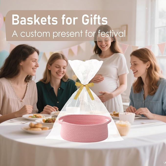 JMvicyroam Small Woven Basket, Empty Gift Basket, Pink/2 Pack | Small Gift Basket, Cotton Rope, 12 x 8 x 43 in, Handles, Includes Ribbon and Bag, Birthday Gift Basket
