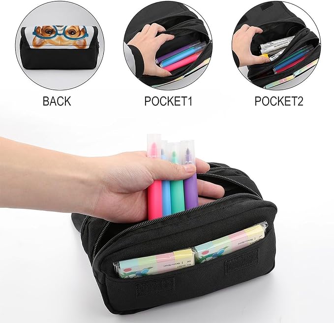 Pencil Bag Pet Dog Soft Bow Tie, Oversized Glasses Pencil Pouch Large Capacity Pen Box Double Zipper Storage Bag 2 Compartments Portable Multifunctional Bag Desk Organizer Pen Case