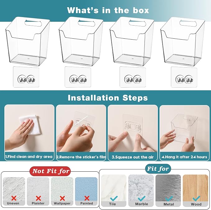 Clear Cabinet Door Organizer Bathroom, 4 Pack Hanging Makeup Storage Brush Holder, Adhesive Storage Bin Versatile Vertical Wall Mount Caddy for Pantry Office Kids' Room Small Items Organization