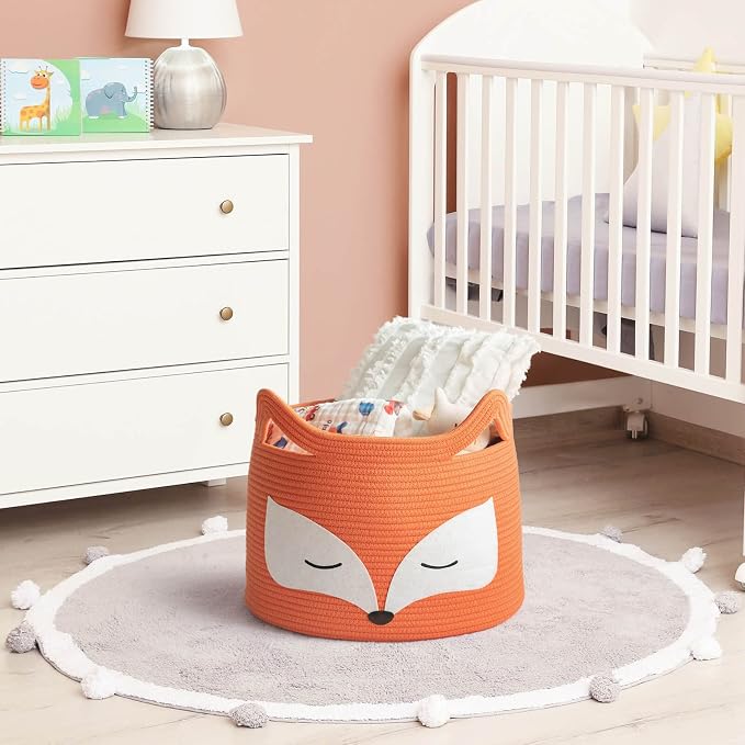 Fox Large Woven Rope Toy Basket for Home Décor, Orange | 15.7" x 11.8" Animal Toy Bin for Living Room Nursery, Baby Storage Basket for Towels, Blankets, with Sturdy Handles