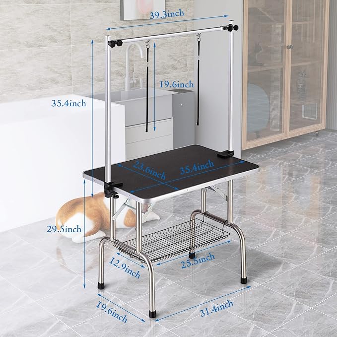 SoarFlash Pet Dog Grooming Table Foldable,Heavy Duty Foldable Pet Grooming Table with Arm & Noose & Mesh Tray, Maximum Capacity Up to 330lbs, 36inch, Black
