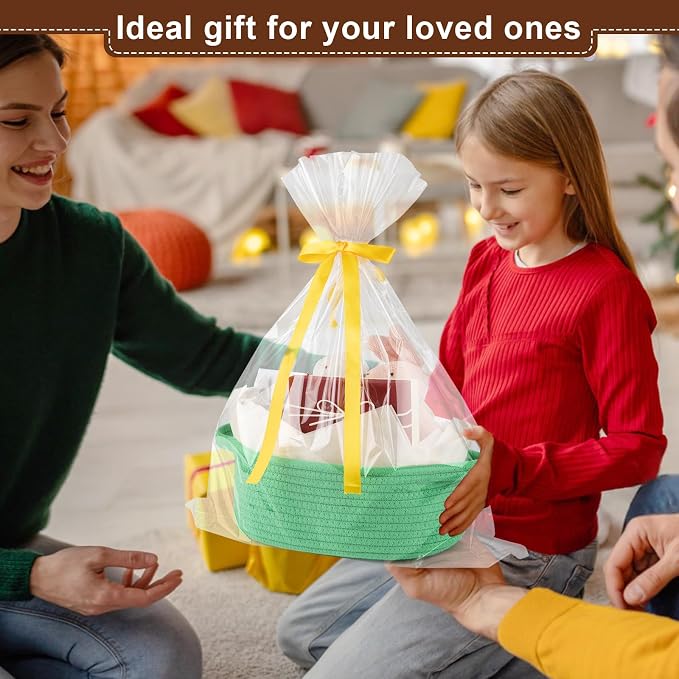OIAHOMY Gift Basket with Handle, Small Woven Basket with Gift Bag, Ribbon and Wrap Tissue Paper, Nursery Bins Empty to Fill with Small Items, Baby, Pet Toy Organizer - Green