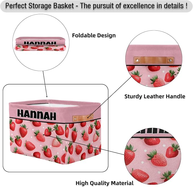 Custom Name Storage Bin, Personalized Rectangular Storage Basket with Handles for Organizing Girls Toys Office Closet Shelf Baskets Fruit Strawberry Pink Background